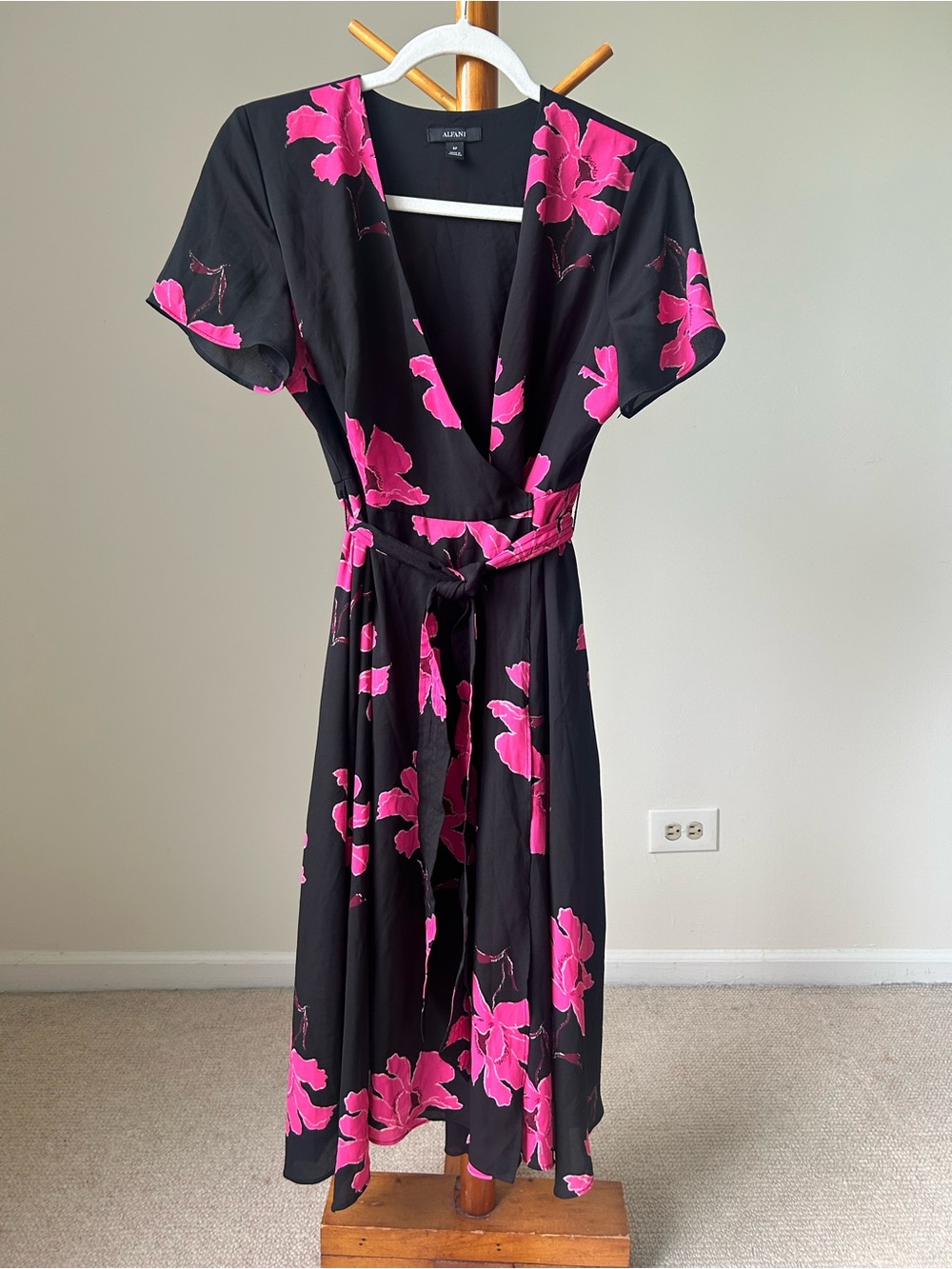 Alfani Black Wrap Dress with Hot Pink Floral Print